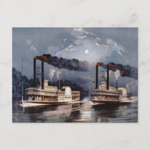 Vintage Steamboat Racing on Mississippi River Postcard