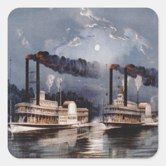 Vintage Steamboat Racing on Mississippi River Square Sticker (Front)