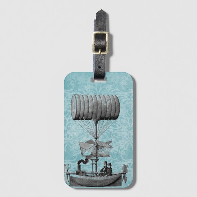 Vintage Steampunk Airboat Luggage Tag (Front Vertical)