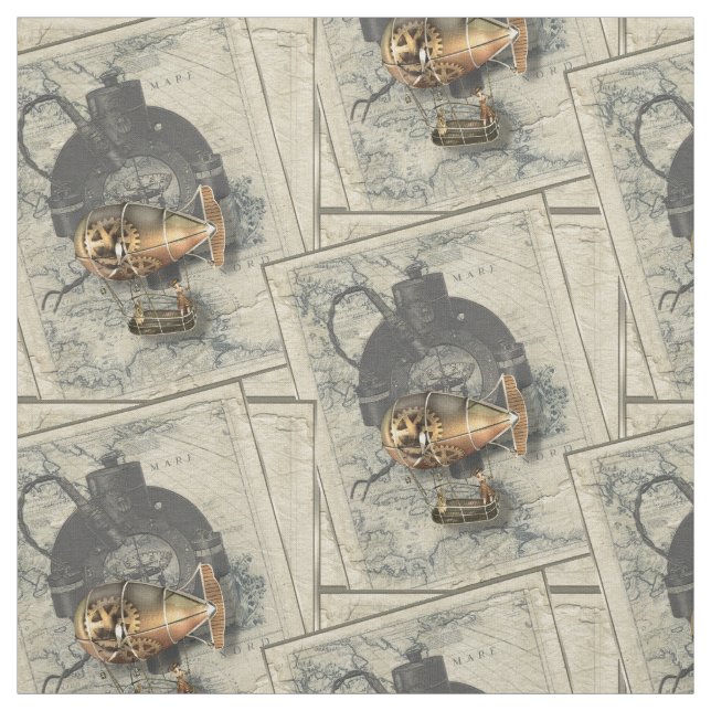 Vintage Steampunk Airship Compass And Antique Map Fabric (Swatch)