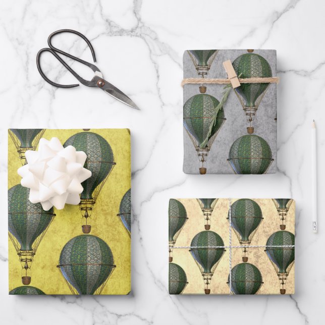 Vintage Steampunk Balloon Trio Wrapping Paper Sheet (Front)
