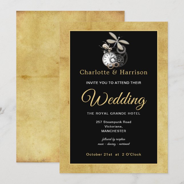 Vintage Steampunk Black Silver Gold Stylish Invitation (Front/Back)