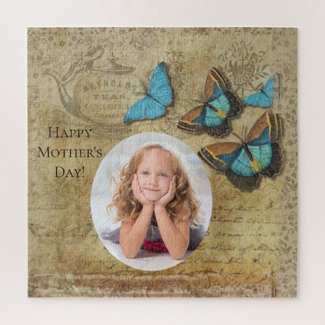 Vintage Steampunk Blue Butterflies Mother's Day Jigsaw Puzzle (Vertical)