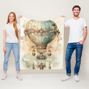 Vintage Steampunk Blue Hot Air Balloon (2) Fleece Blanket