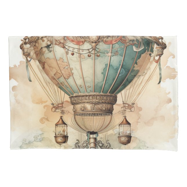 Vintage Steampunk Blue Hot Air Balloon (2) Pillowcase (Front-Left)