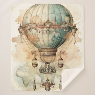 Vintage Steampunk Blue Hot Air Balloon (2) Sherpa Blanket