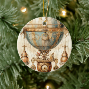 Vintage Steampunk Blue Hot Air Balloon (3) Ceramic Tree Decoration