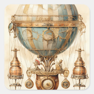 Vintage Steampunk Blue Hot Air Balloon (3) Square Sticker