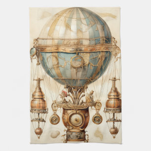Vintage Steampunk Blue Hot Air Balloon (3) Tea Towel