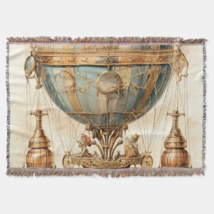 Vintage Steampunk Blue Hot Air Balloon (3) Throw Blanket