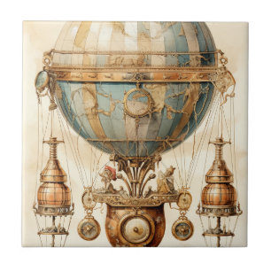 Vintage Steampunk Blue Hot Air Balloon (3) Tile