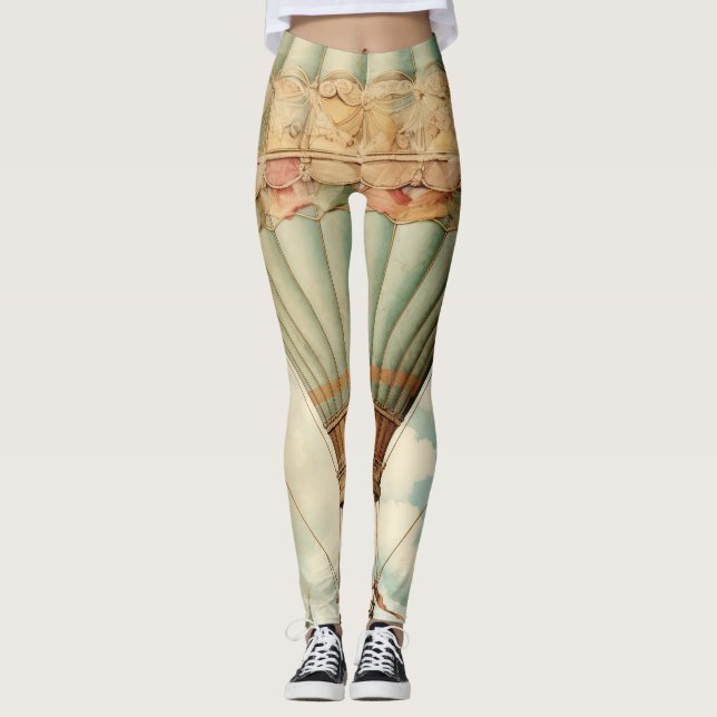 Vintage Steampunk Blue Hot Air Balloon Leggings (Front)