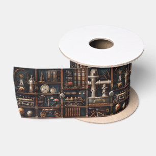 Vintage Steampunk Bookcase Mechanical Wonders Satin Ribbon