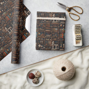 Vintage Steampunk Bookcase Mechanical Wonders Wrapping Paper