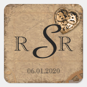 Vintage Steampunk Bride Wedding Monogram Square Sticker