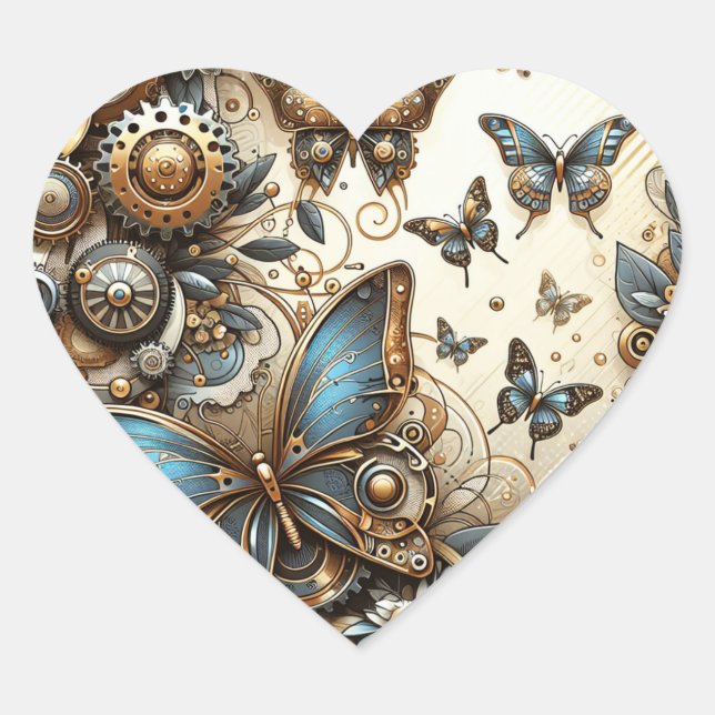 Vintage Steampunk Butterflies  Heart Sticker (Front)