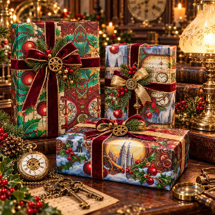 Vintage Steampunk Christmas Victorian Clocks Holly Wrapping Paper Sheet