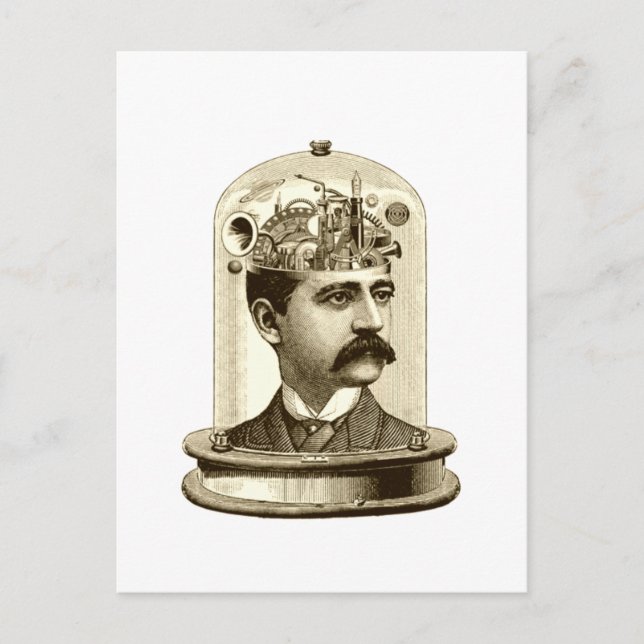 Vintage steampunk clockwork brain, moustache  man postcard (Front)