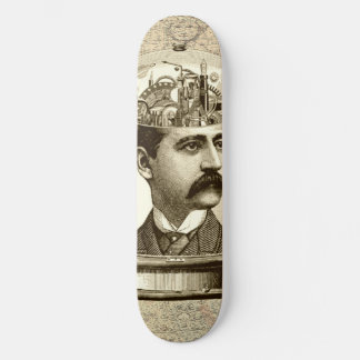 Vintage steampunk clockwork brain, moustache  man skateboard