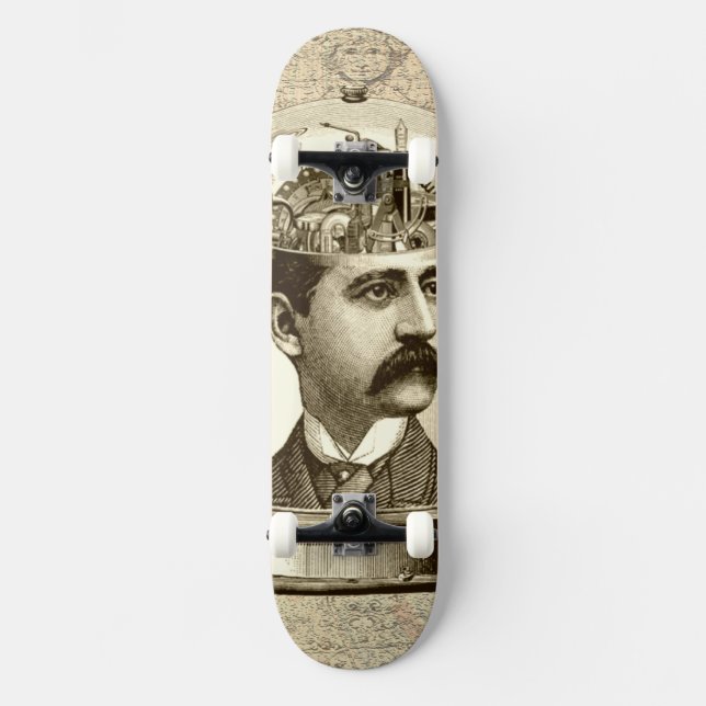 Vintage steampunk clockwork brain, moustache  man skateboard (Front)