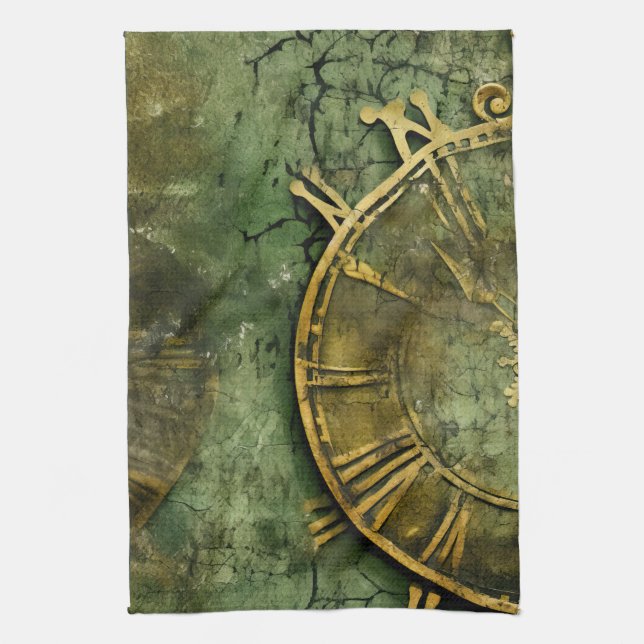 Vintage Steampunk Clockwork Emerald Tea Towel (Vertical)