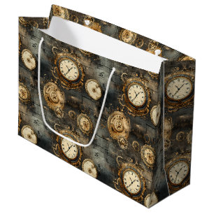Vintage Steampunk Clockwork Gears Bronze Black Large Gift Bag
