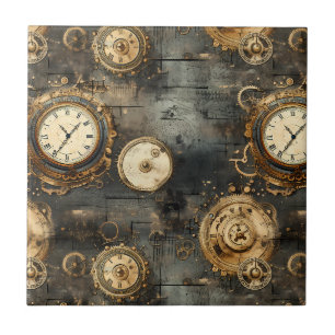 Vintage Steampunk Clockwork Gears Bronze Black Tile