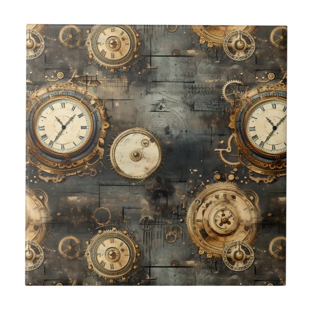 Vintage Steampunk Clockwork Gears Bronze Black Tile (Front)