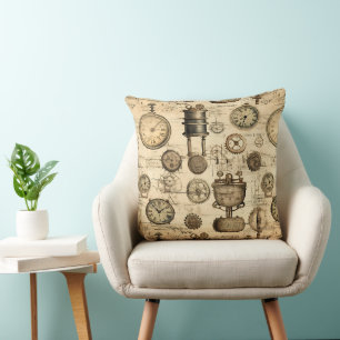 Vintage Steampunk Clockwork Parchment Brown Cushion