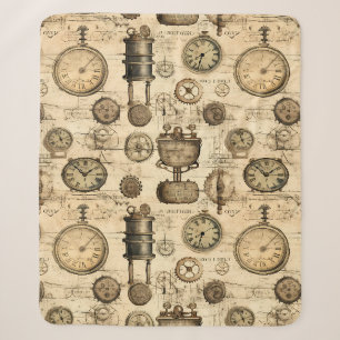 Vintage Steampunk Clockwork Parchment Brown Sherpa Blanket