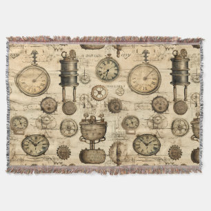 Vintage Steampunk Clockwork Parchment Brown Throw Blanket