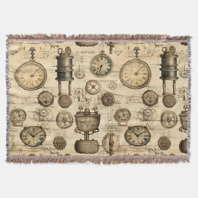 Vintage Steampunk Clockwork Parchment Brown Throw Blanket (Front)