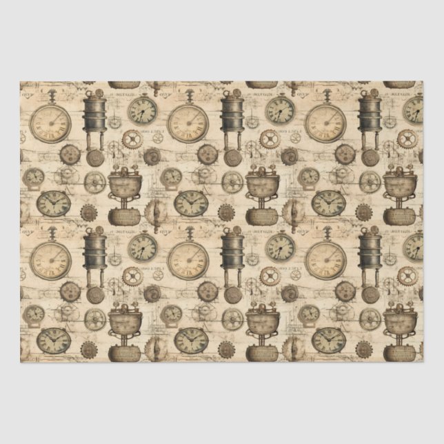 Vintage Steampunk Clockwork Parchment Brown Tissue Paper (Front)
