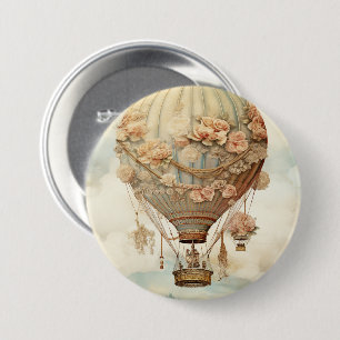 Vintage Steampunk Floral Blue Hot Air Balloon (2) 7.5 Cm Round Badge