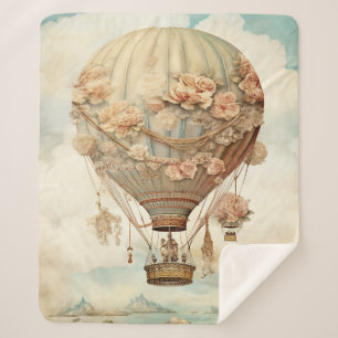Vintage Steampunk Floral Blue Hot Air Balloon (2) Sherpa Blanket