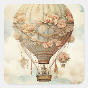 Vintage Steampunk Floral Blue Hot Air Balloon (2) Square Sticker