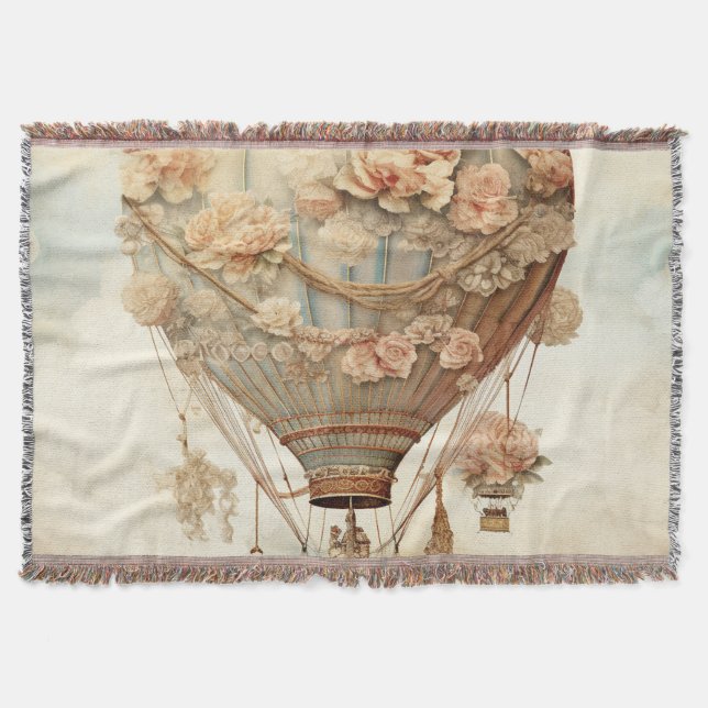 Vintage Steampunk Floral Blue Hot Air Balloon (2) Throw Blanket (Front)