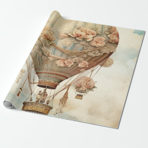 Vintage Steampunk Floral Blue Hot Air Balloon (2) Wrapping Paper