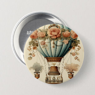 Vintage Steampunk Floral Blue Hot Air Balloon 7.5 Cm Round Badge