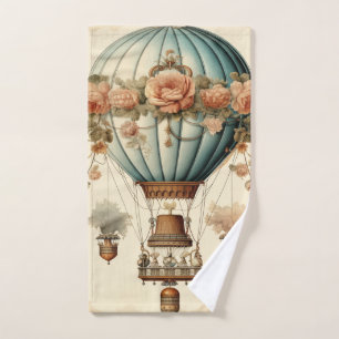 Vintage Steampunk Floral Blue Hot Air Balloon  Bath Towel Set