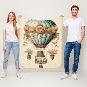 Vintage Steampunk Floral Blue Hot Air Balloon Fleece Blanket