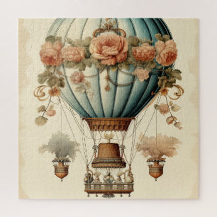 Vintage Steampunk Floral Blue Hot Air Balloon Jigsaw Puzzle