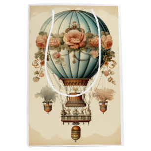 Vintage Steampunk Floral Blue Hot Air Balloon  Medium Gift Bag