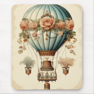 Vintage Steampunk Floral Blue Hot Air Balloon  Mouse Mat