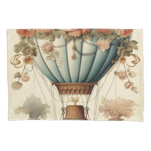 Vintage Steampunk Floral Blue Hot Air Balloon  Pillowcase