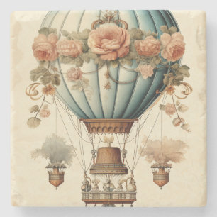 Vintage Steampunk Floral Blue Hot Air Balloon  Stone Coaster