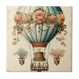 Vintage Steampunk Floral Blue Hot Air Balloon Tile