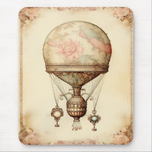 Vintage Steampunk Floral Hot Air Balloon Mouse Mat
