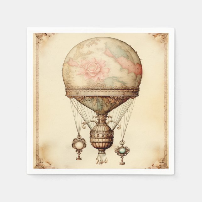 Vintage Steampunk Floral Hot Air Balloon Napkin (Front)