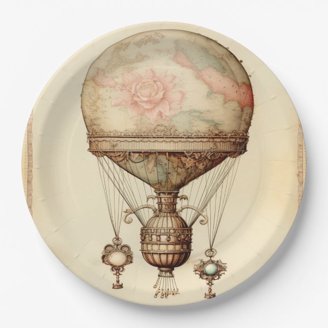 Vintage Steampunk Floral Hot Air Balloon Paper Plate (Front)